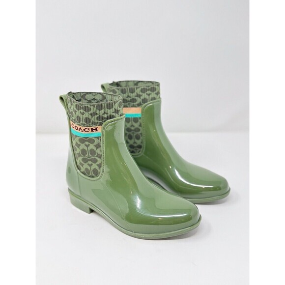 Coach Womens Boots Green Rivington Rubber Rain Bootie PVC Chelsea Pull On US 5 B - Picture 1 of 7